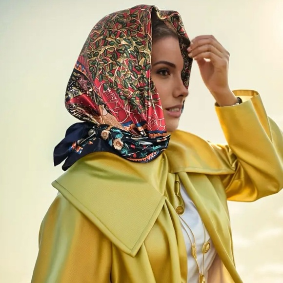 Boho Style Satin Square Scarf for Women - Elegant Chic Shawl with Tree of Life - Picture 8 of 10